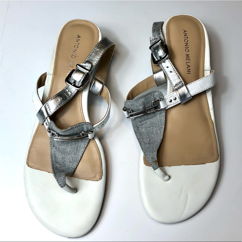 Antonio Melani White & Silver Strappy Leather Sandals Formal Flip Flops Wedges 9